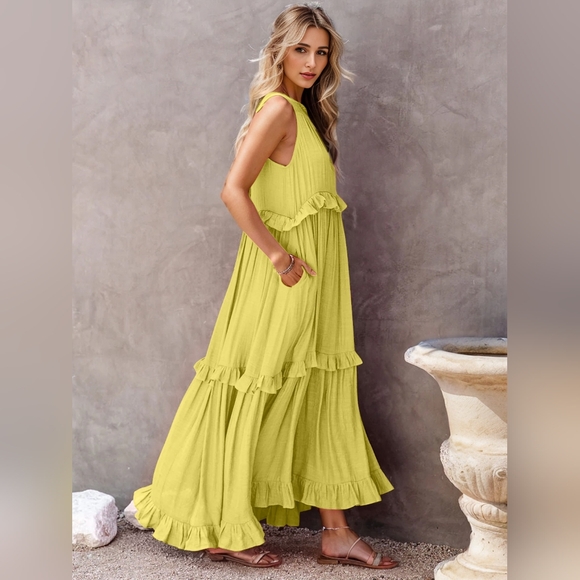 Ruffle Sleeveless Tie Back Tiered Summer Pocket Oversized High-Low Maxi Dress - Picture 1 of 13